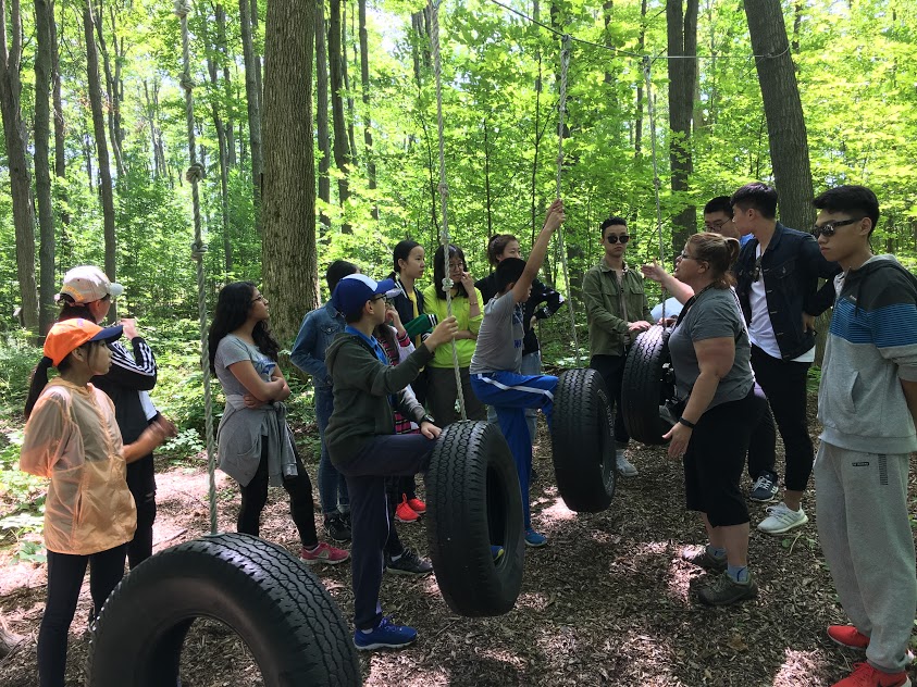 Students playing on tire swings outside surrounded by trees Open Gallery